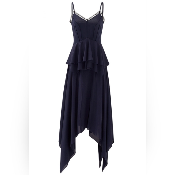 $3990 DEREK LAM SILK NAVY BLUE PEPLUM ASYMETRIC LONG GOWN DRESS US 4